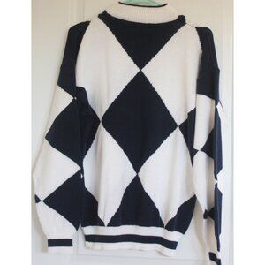 Vintage 90’s Knit Aurea Sweater Navy And White Geometric Diamond Design Sz L